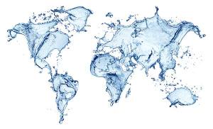 World map illustration created with water splashes, symbolizing global water conservation and the importance of clean water access, relevant to World Water Day discussions.